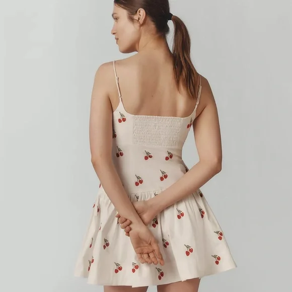 New Anthropologie Maeve Sweetheart Cherry Drop Waist Mini Dress Size L Large